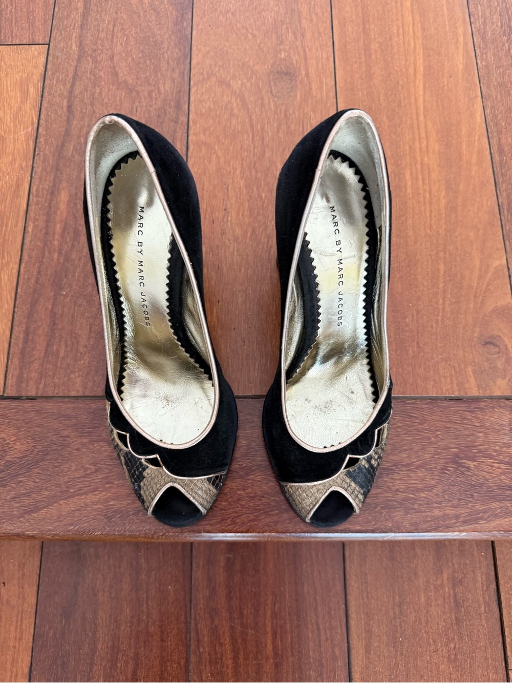 Marc by Marc Jacobs Black Suede Peep-Toe Heels with Gold Snake-Print Accent